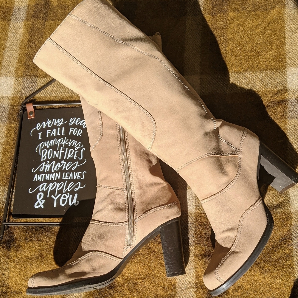 Natural Tan Cream Taupe Brushed Leather Suede High Heel Tall Fashion Boots 7.5 - Picture 4 of 15